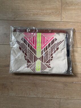 Cynthia Vincent Cream Suede Pouch with Pink & Brown Geometric Print